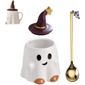 Ghost Mug and Spoon Combination Halloween Ghost Cup Halloween Ghost Ceramic Cup